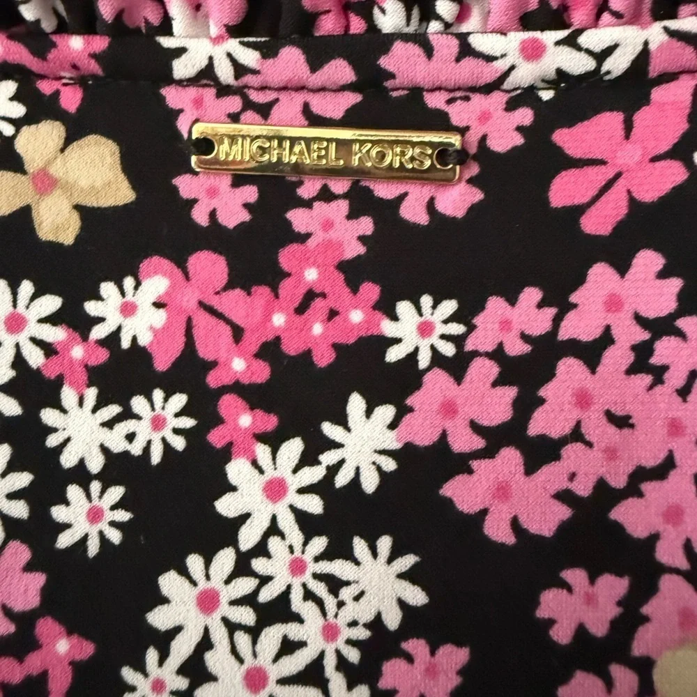 Michael Kors Floral Sleeveless Blouse, Ruffled V-Neck, Pink, White, Tan, size M